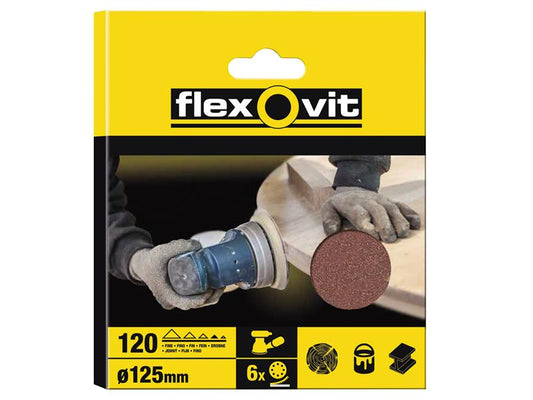 Flexovit 63642526392 Hook & Loop Sanding Disc 125mm Fine 120G 8 Holes (Pack 6)