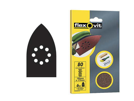 Flexovit 63642526404 Detail Hook & Loop Sanding Sheets 105x175mm Medium 80G (Pack 6)