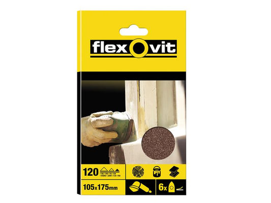 Flexovit 63642526405 Detail Hook & Loop Sanding Sheets 105x175mm Fine 120G (Pack 6)