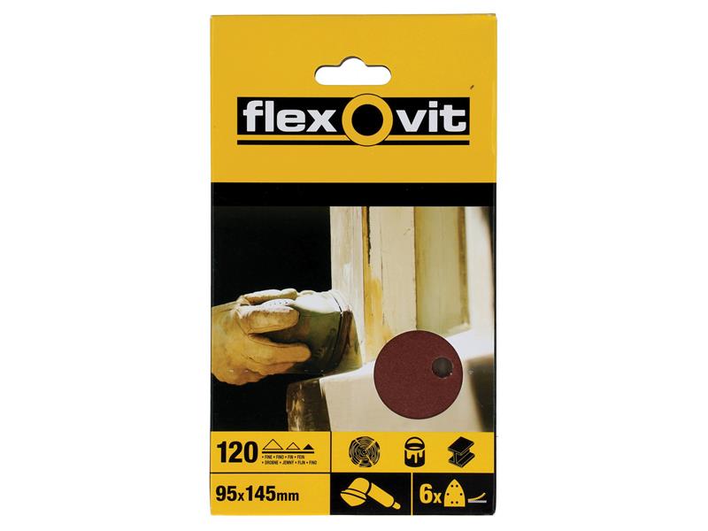 Flexovit 63642526409 Detail Hook & Loop Sanding Sheets 95x145mm Fine 120G (Pack 6)