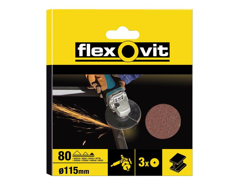 Flexovit 63642527535 Aluminium Oxide Fibre Discs 115mm Fine 80G (Pack 3)