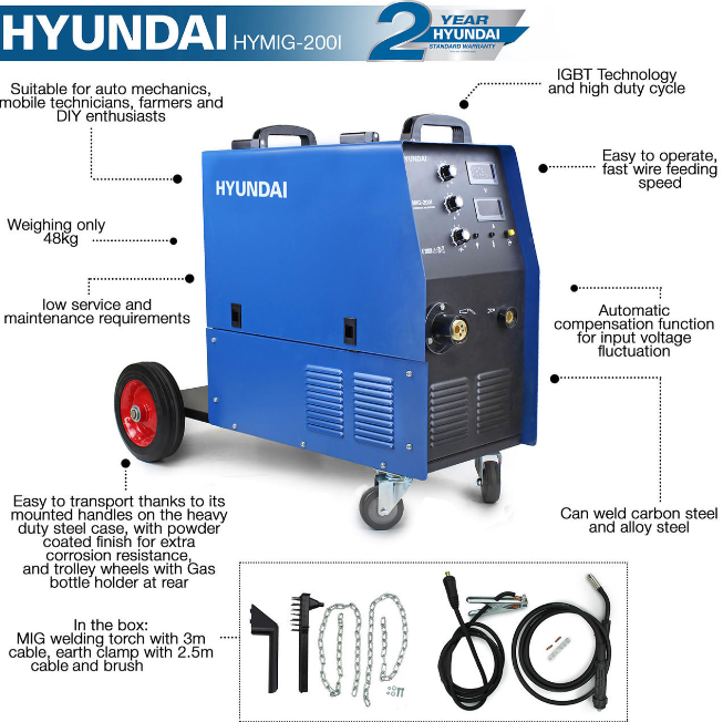 Hyundai 200 Amp MIG  Welder, 230V Single Phase, Pro series | HYMIG-200I