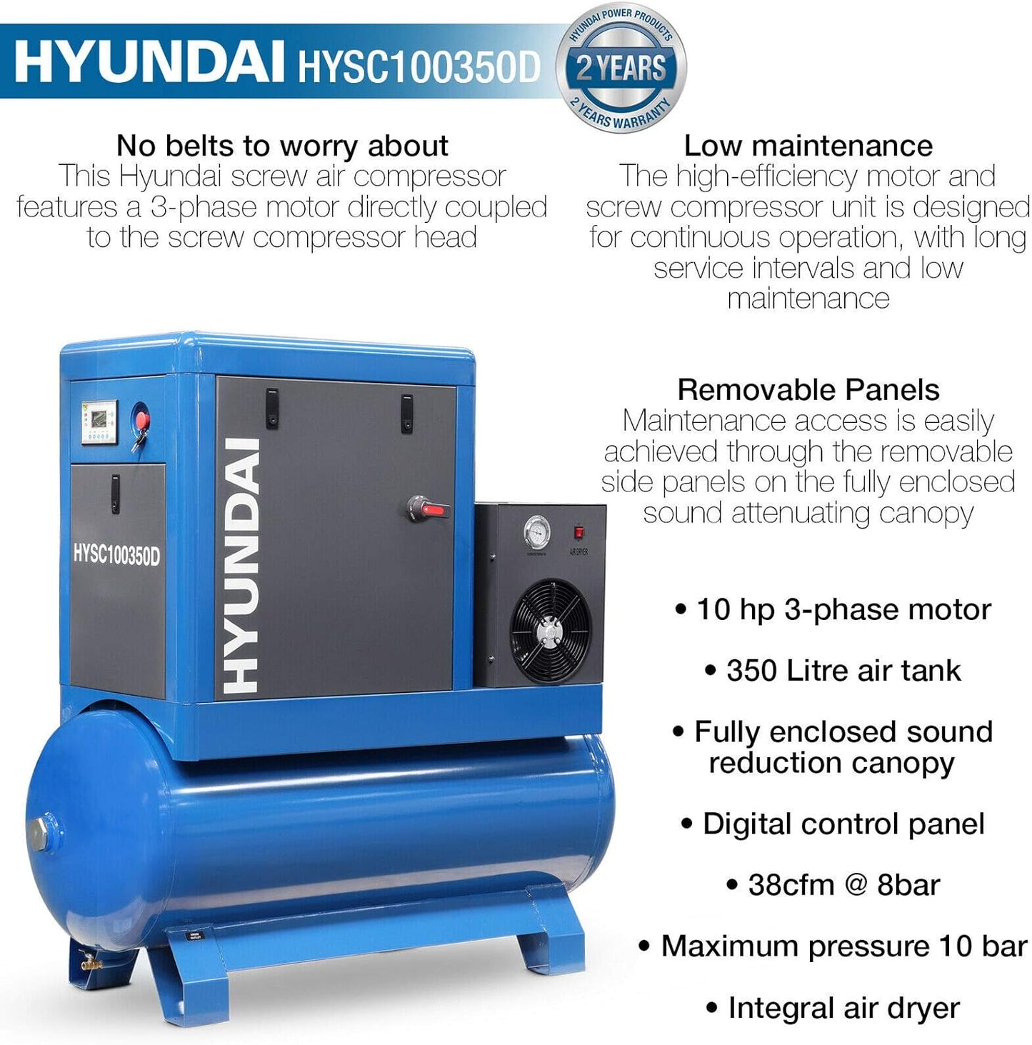 Hyundai 10hp 350 Litre Screw Compressor With Dryer | HYSC100350D
