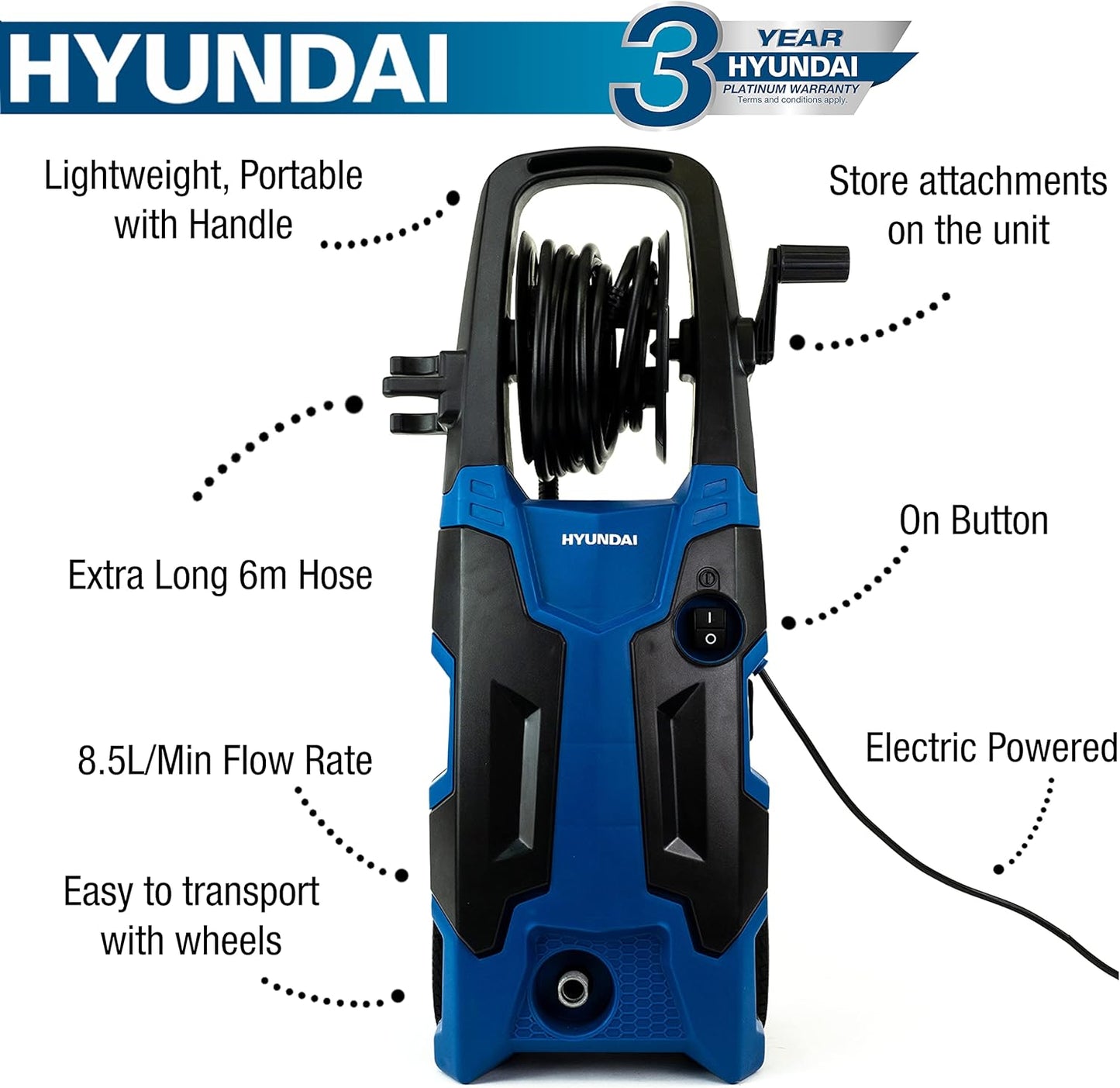 Hyundai 2500W 2610psi 180bar Electric Pressure Washer With 8.5L/Min Flow Rate | HYW2500E