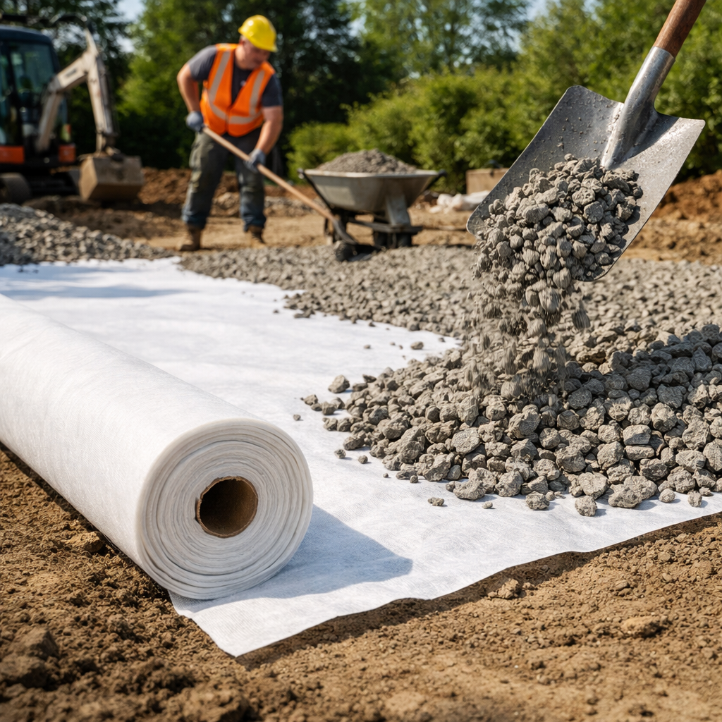 White non-woven geotextile membrane installed beneath gravel for drainage and filtration