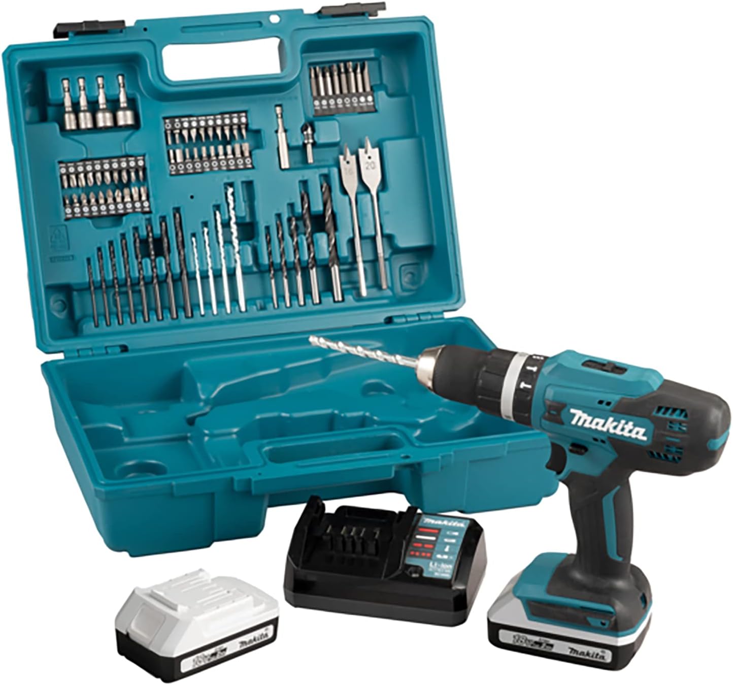 Makita HP488DAEX1 18V G-Series Combi Drill 2x Batteries Charger 74 Piece Bit Set