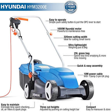 Hyundai Corded Electric Lawn Mower and Trimmer Bundle | HYM3200E+HYTR250E