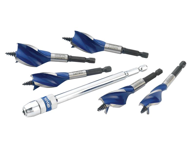 IRWIN� 1922007 Blue Groove 6X Stubby Wood Bit Set, 5 Piece: 16-25mm + Extension