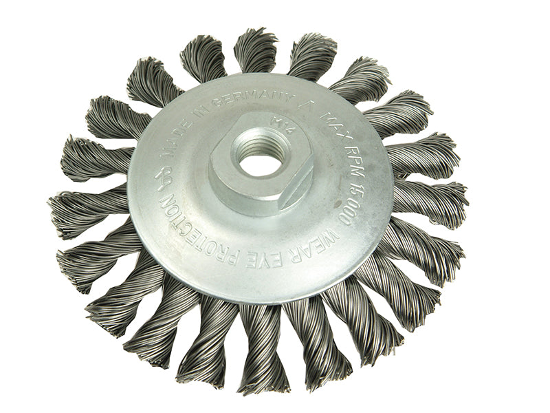 Lessmann 471.254 Conical Knot Brush 100mm M10 Bore, 0.50 Steel Wire