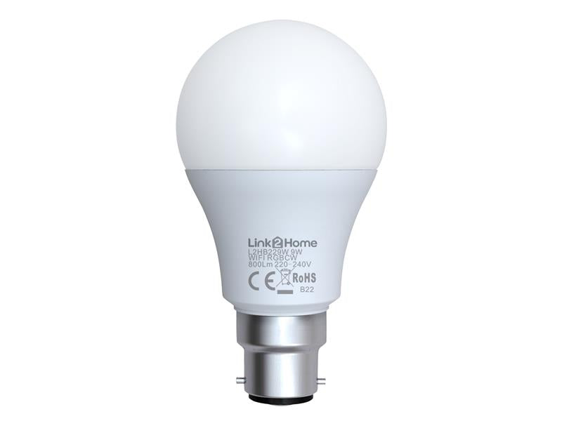 Link2Home L2HB229W Wi-Fi LED BC (B22) Opal GLS Dimmable Bulb, White + RGB 800 lm 9W