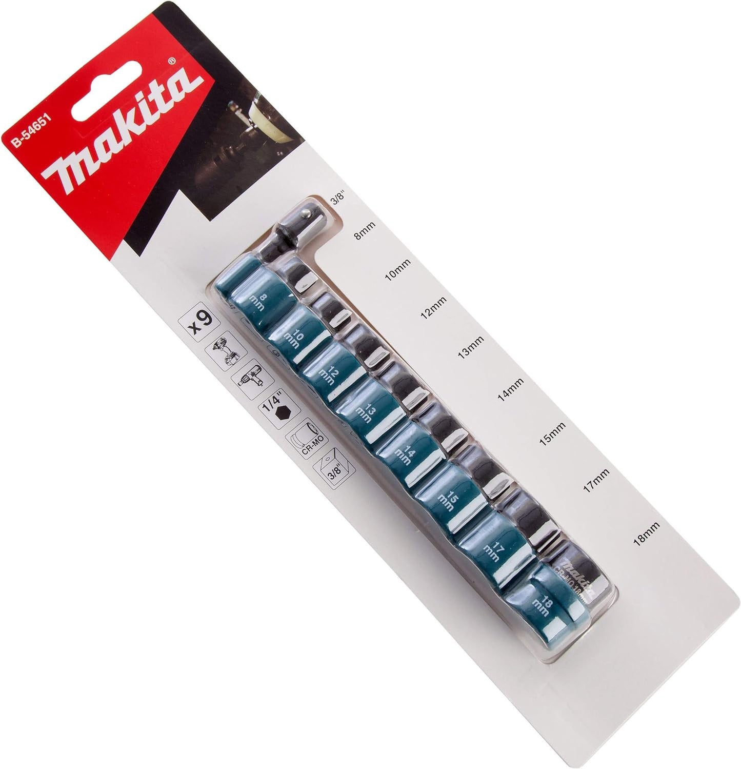 Makita B-54651 9 Piece Cr-Mo 3/8" Square Drive Impact Socket Set