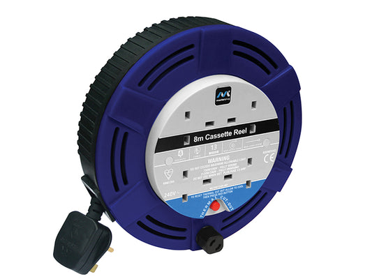 Masterplug MCT0813/4BL-MP Cassette Cable Reel 240V 13A 4-Socket Thermal Cut-Out Blue 8m