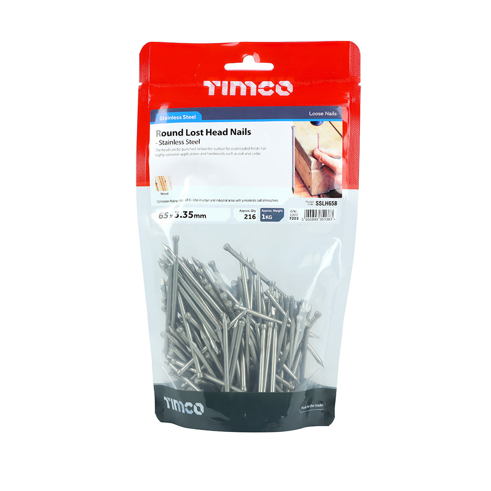 TIMCO Round Lost Head Nails A2 Stainless Steel - 65 x 3.35 bag OF 1 Kilograms