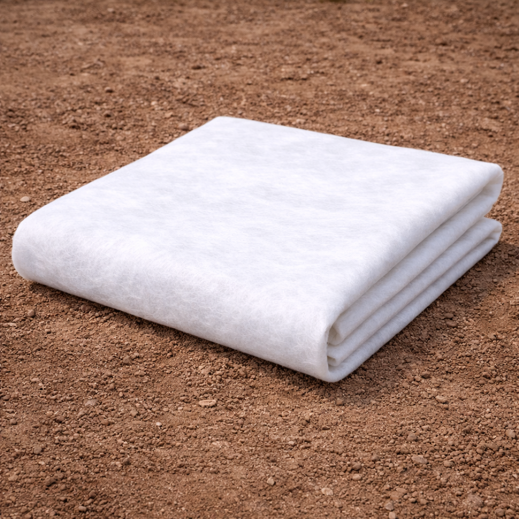 Close-up of white non-woven geotextile fabric showing its fibrous filtration material
