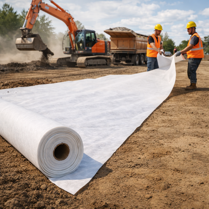 White geotextile drainage fabric used in a landscaping and ground preparation project