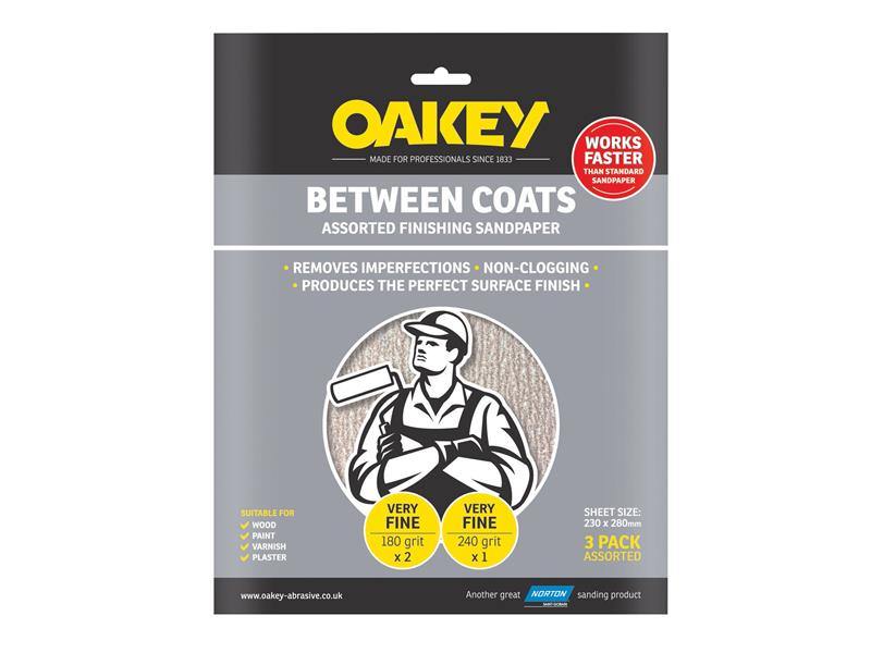 Oakey 66261116760 Between Coats Finishing Sandpaper 230 x 280mm Assorted (3)