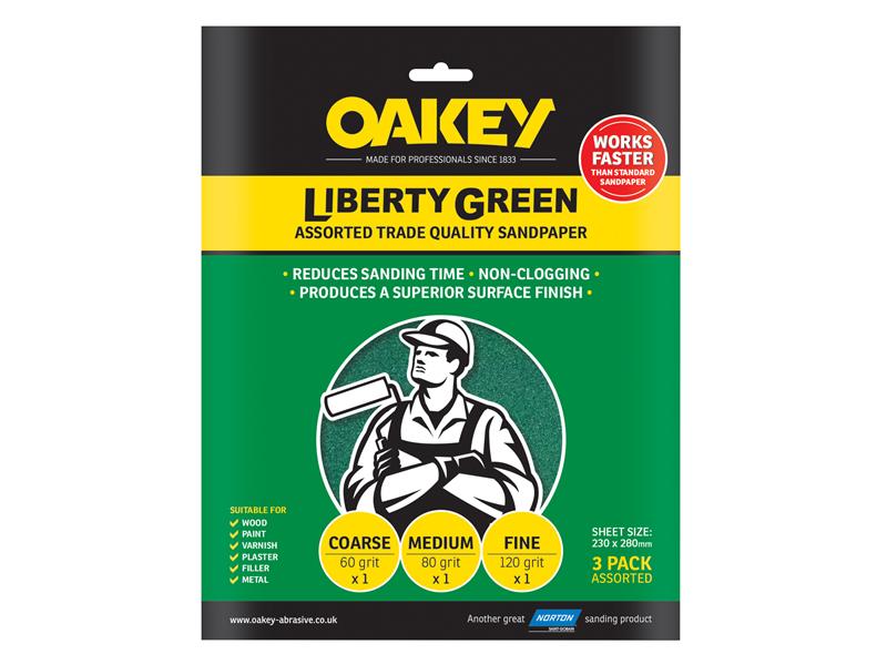 Oakey 63642584727 Liberty Green Aluminium Oxide Sheets 230 x 280mm Assorted (3)