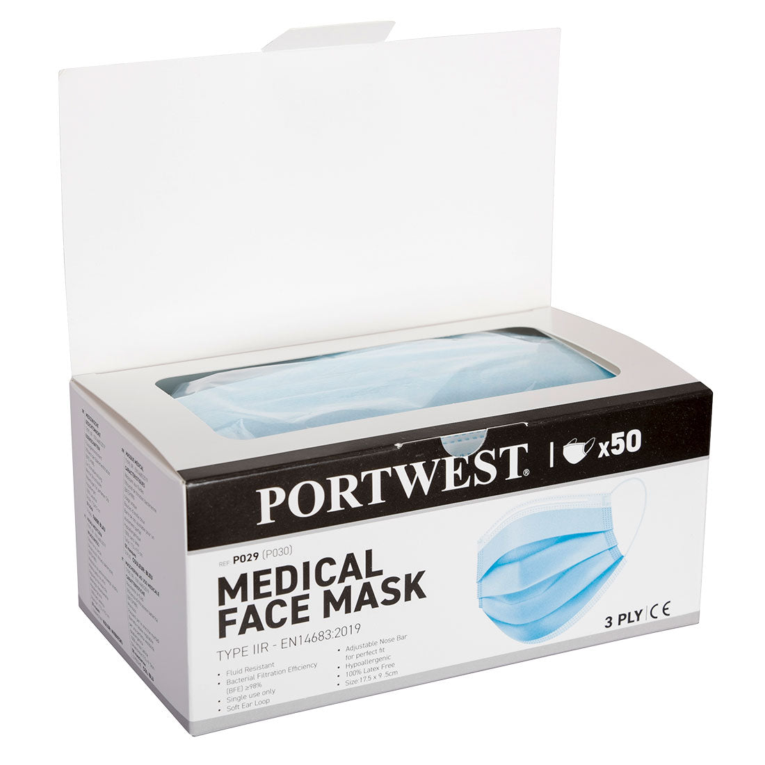 Portwest PO29BLU - Medical Mask Type IIR Dispenser Box Blue 50 FACE MASKS