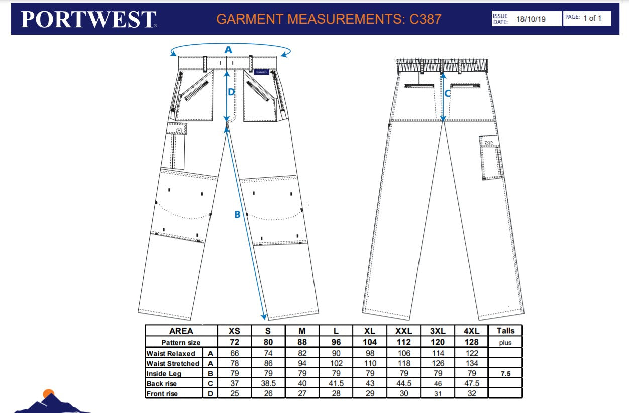 Portwest C387 - Navy Sz XL Lined Action Trousers Work Safety