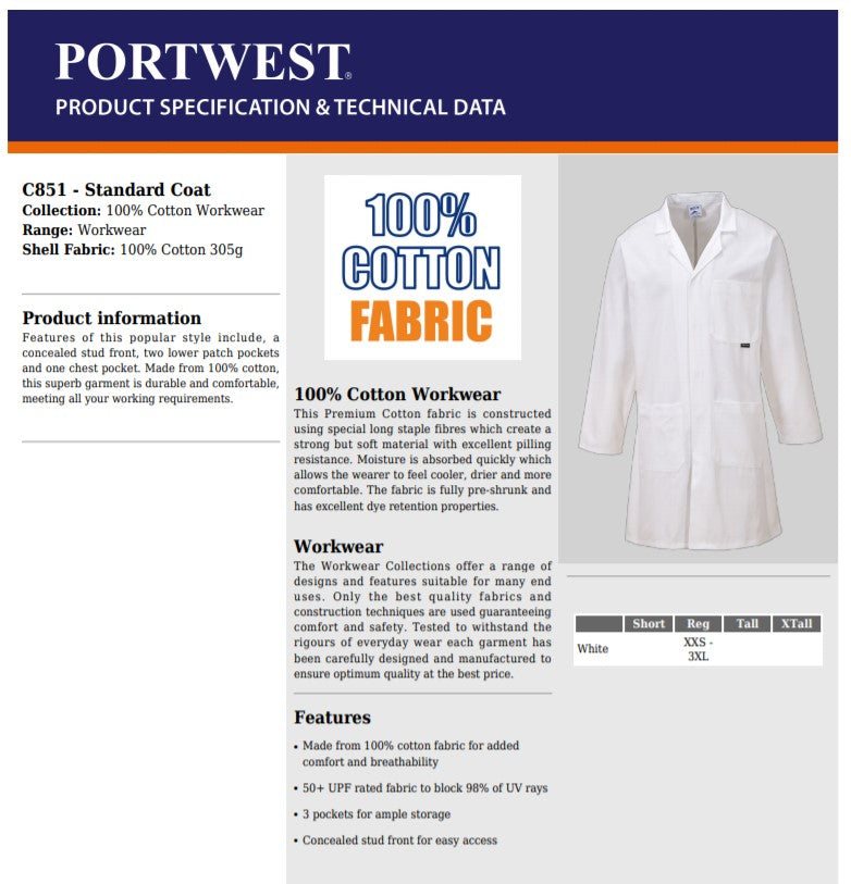 Portwest C851 - White Sz S Standard Coat Overall Lab