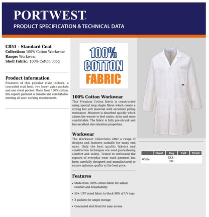 Portwest C851 - White Sz XS Standard Coat Overall Lab