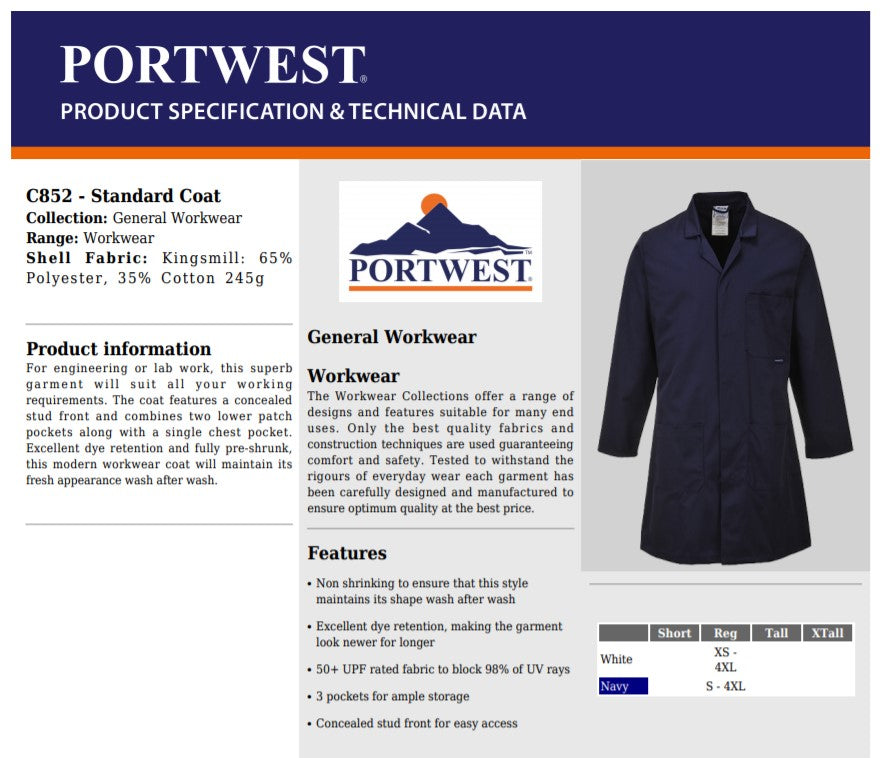 Portwest C852 - Navy Sz 4XL Standard Coat Overall Lab