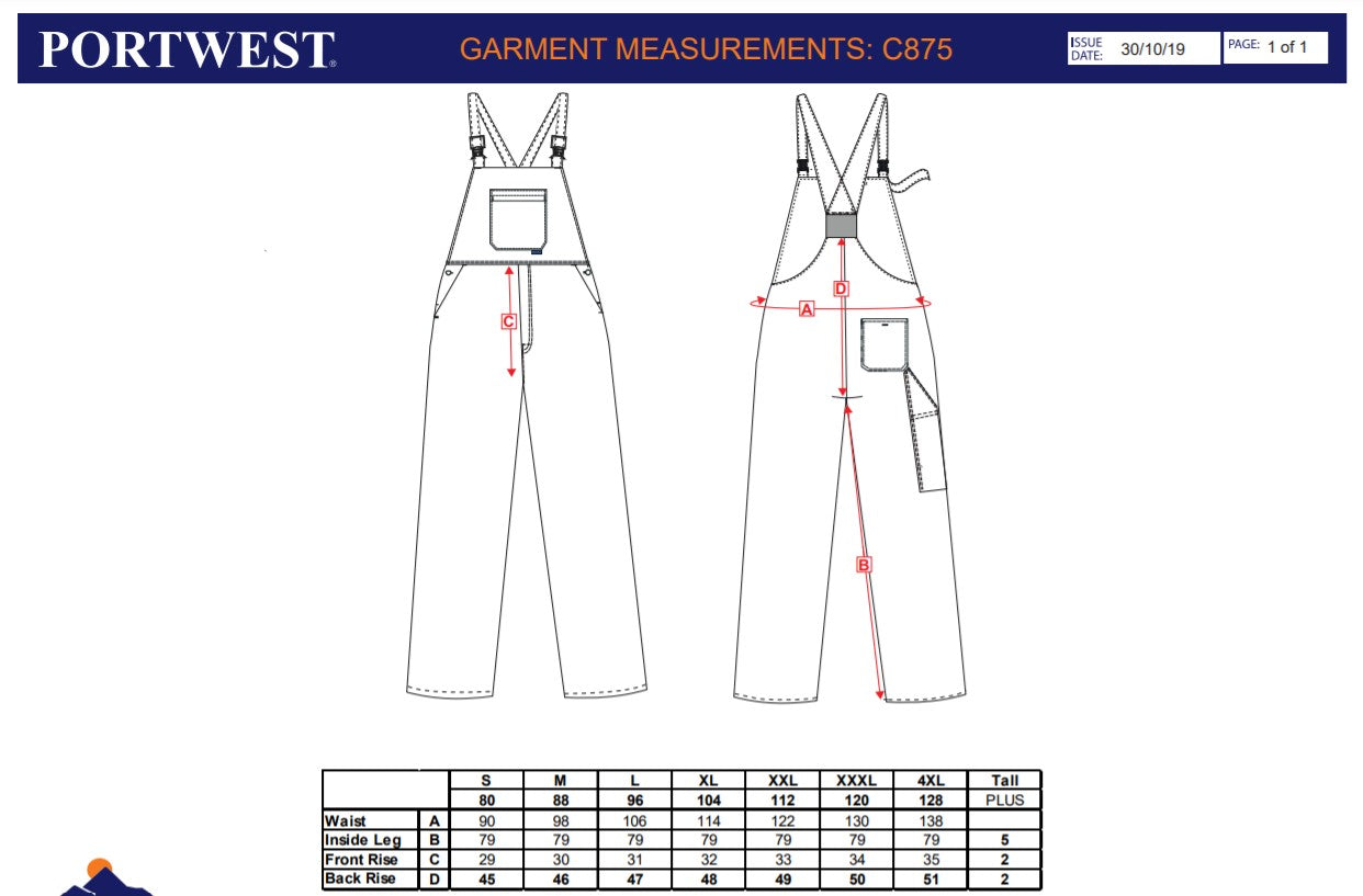 Portwest C875 - Navy Sz XL Tall Burnley Bib and Brace Overall Coverall