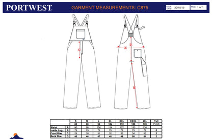 Portwest C875 - Navy Sz XL Tall Burnley Bib and Brace Overall Coverall
