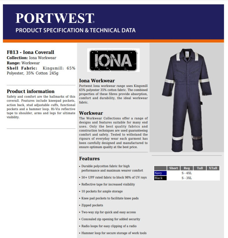 Portwest F813 - Navy Sz M Iona Coverall Boiler Suit Hi Vis Bands