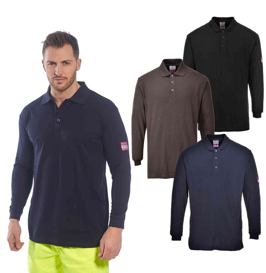 Portwest FR10 Flame Resistant Anti-Static Long Sleeve Polo Shirt Black Navy Grey