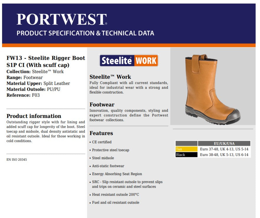 Portwest FW13 - Black Sz UK 13 Steelite Rigger Boot S1P CI (With scuff cap) Safety