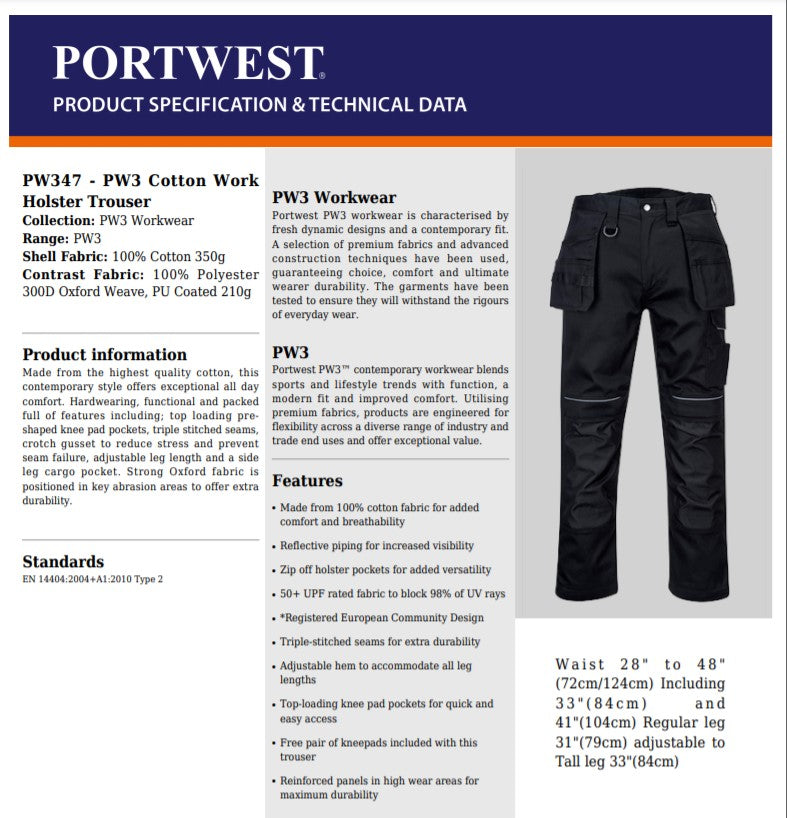 Portwest PW347 - Black Sz W28 PW3 Cotton Work Holster Trouser cargo combat
