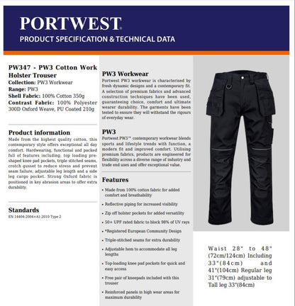 Portwest PW347 - Black Sz W28 PW3 Cotton Work Holster Trouser cargo combat
