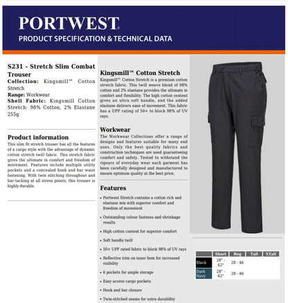 Portwest - Black Sz 40 Regular Stretch Slim Combat Work Trouser