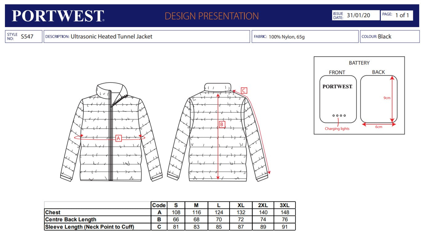 Portwest S547 - Black  XXL Ultrasonic Heated Tunnel Jacket Coat