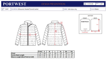 Portwest S547 - Black  XXL Ultrasonic Heated Tunnel Jacket Coat