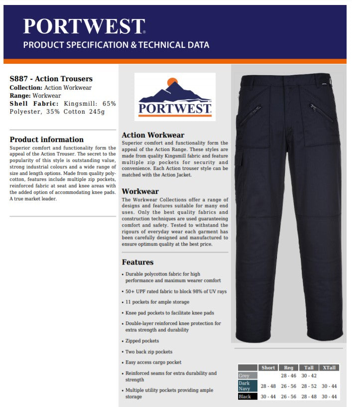 Portwest S887- Navy Sz 42 Extra Tall Action Work Trousers Safety