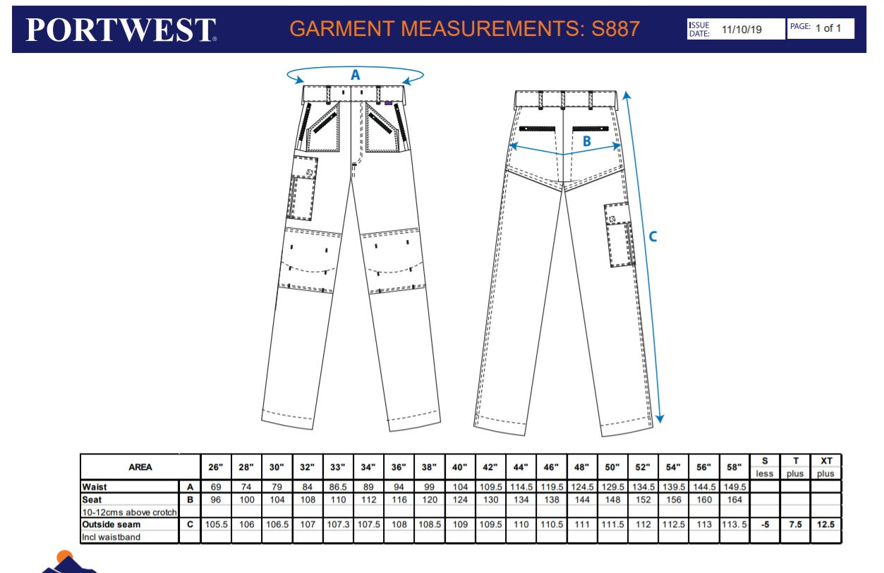 Portwest S887- Spruce Sz 34 Regular Action Work Trousers Safety