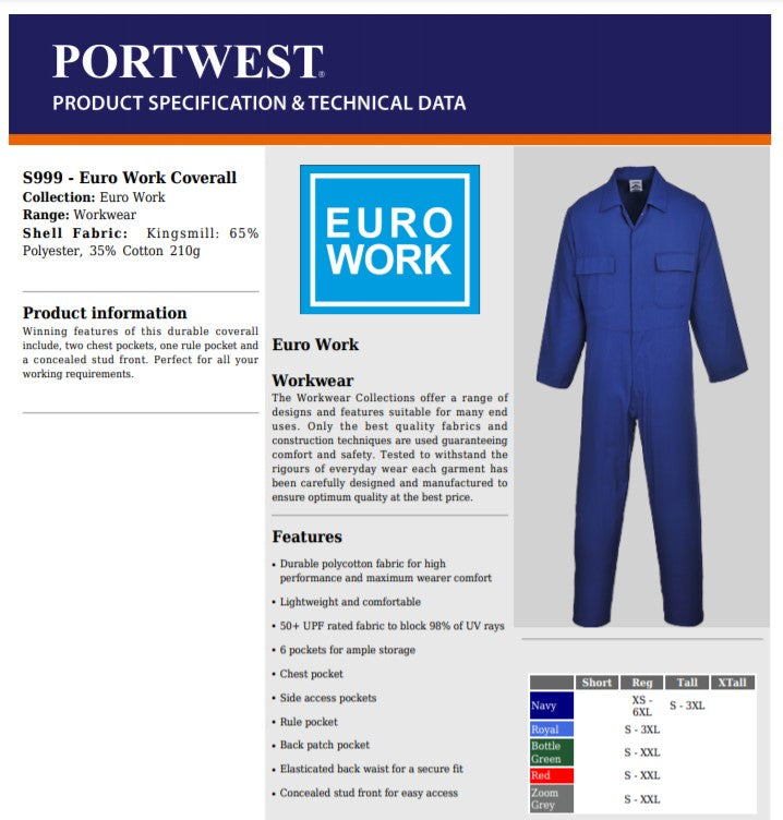PORTWEST S999 sz XXXL Royal Blue Work Euro Boiler Suit Coverall Overall PPE Mechanic