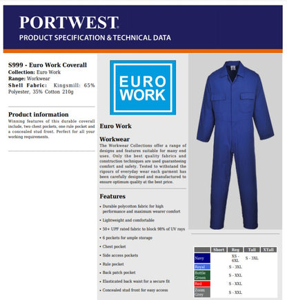 PORTWEST S999 sz XXXL Royal Blue Work Euro Boiler Suit Coverall Overall PPE Mechanic