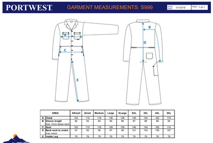 PORTWEST S999 sz XXXL Royal Blue Work Euro Boiler Suit Coverall Overall PPE Mechanic