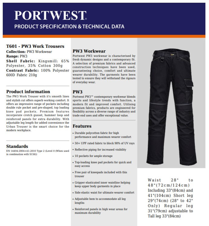 Portwest T601 - Navy/Black  28 Short PW3 Work Trousers Combat Cargo Pants