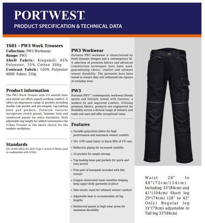 Portwest T601 - Grey/Black  41 Regular PW3 Work Trousers Combat Cargo Pants