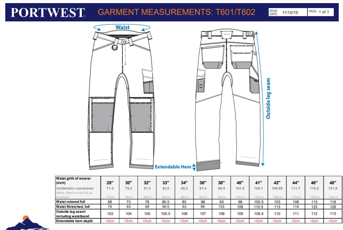 Portwest T601 - Navy/Black  28 Short PW3 Work Trousers Combat Cargo Pants