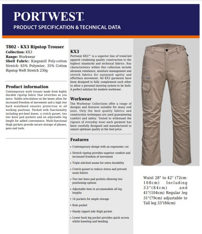 Portwest T802 - Black  30 KX3 Ripstop Work Trouser Cargo Pants