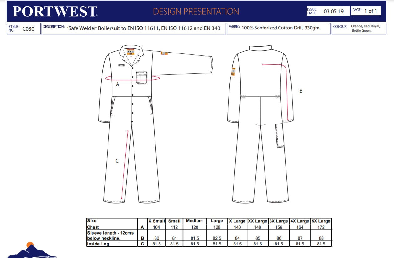 Portwest C030 - Royal Sz XL Regular CE Safe-Welder Coverall Boiler Suit Overall