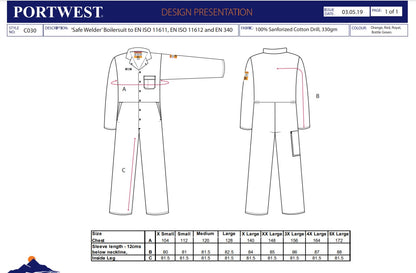 Portwest C030 - Royal Sz XL Regular CE Safe-Welder Coverall Boiler Suit Overall
