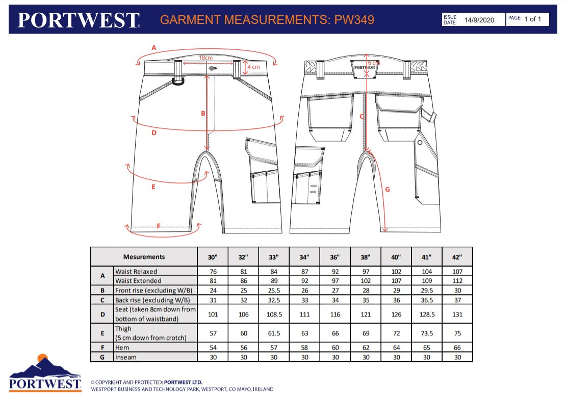 Portwest PW349 - Black Sz 34 PW3 Work Shorts Cargo Combat