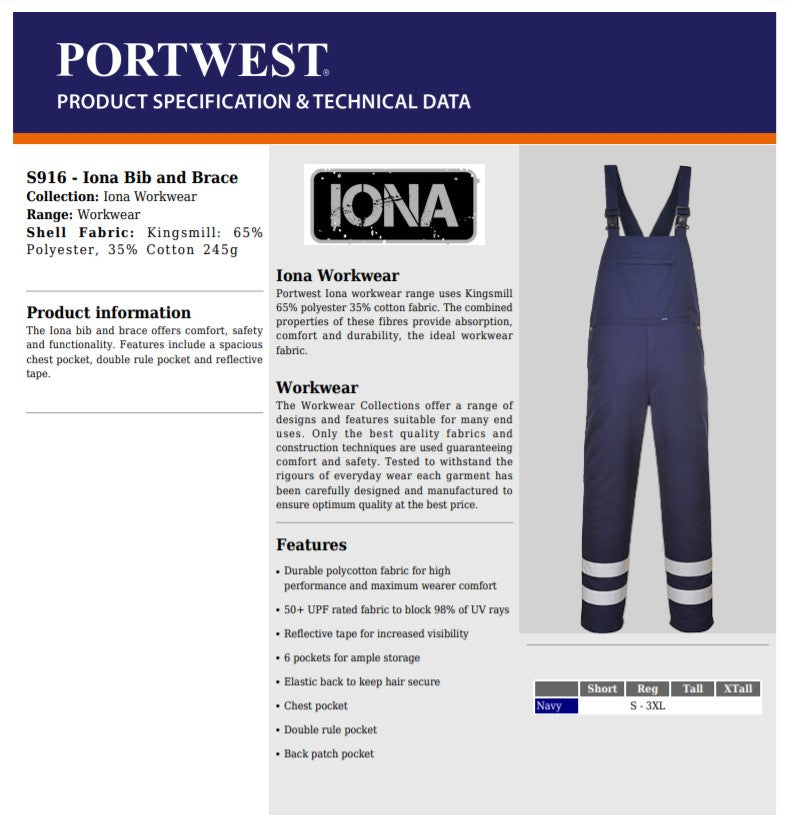 Portwest S916 - Navy  L Iona Bib and Brace Dungarees overalls