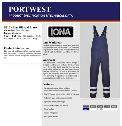 Portwest S916 - Navy  XL Iona Bib and Brace Dungarees overalls